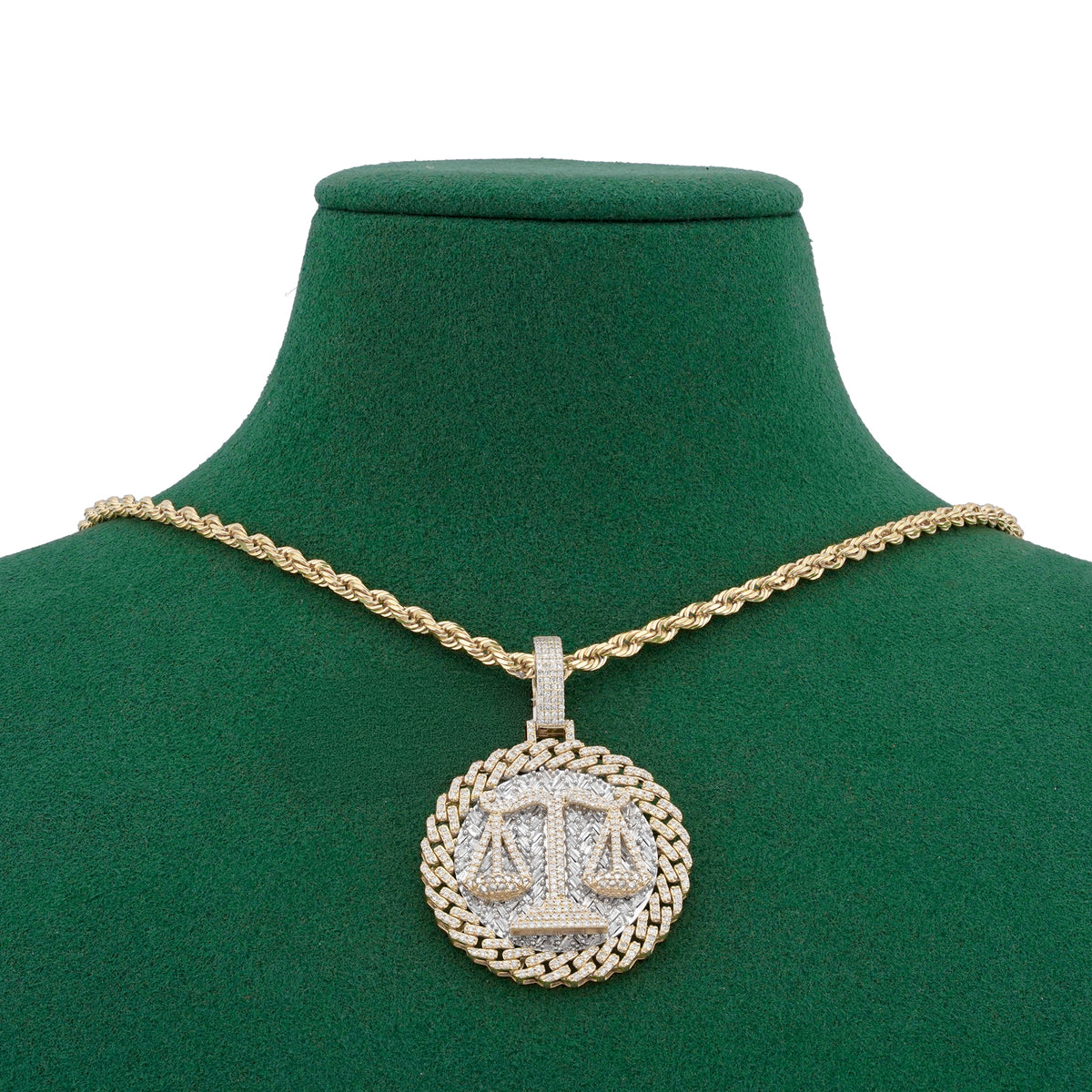 Libra Scale Cuban Link Edge Charm Baguette/Pointer 1.9ct Natural Diamond 10K Gold Men Women Pendant