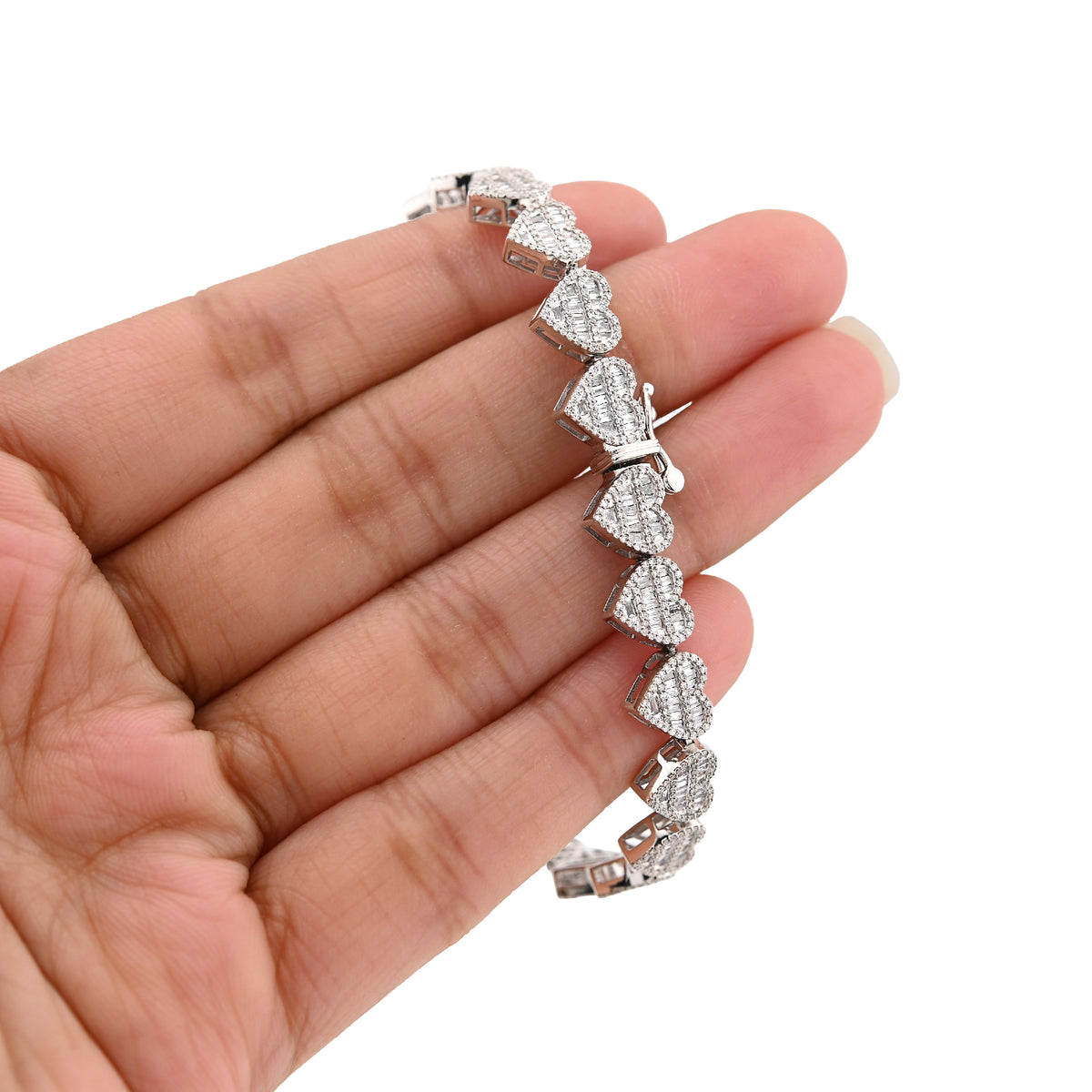 10K White Gold 2.52CT Round/Baguette Natural Diamond 7.5MM Tennis Heart Bracelet 7" 14.9g — view 1