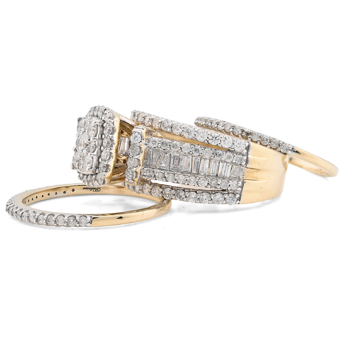 14K yellow Gold Round/Baguette 2.10CT Natural Diamond 3 band Square centre Women Wedding Ring Band — view 4