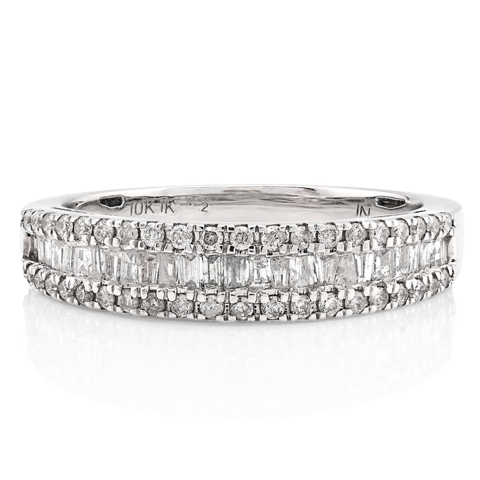 10K White Gold 0.50CT Natural Diamond Round/Baguette Women Band Ring — view 1
