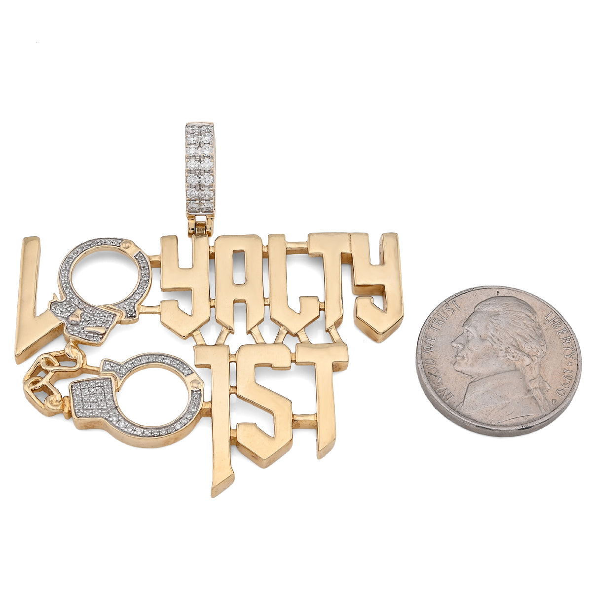 10K Yellow Gold 1Ct Natural Round Diamond "Loyalty First" Men Custom Charm 2" Pendant — view 7