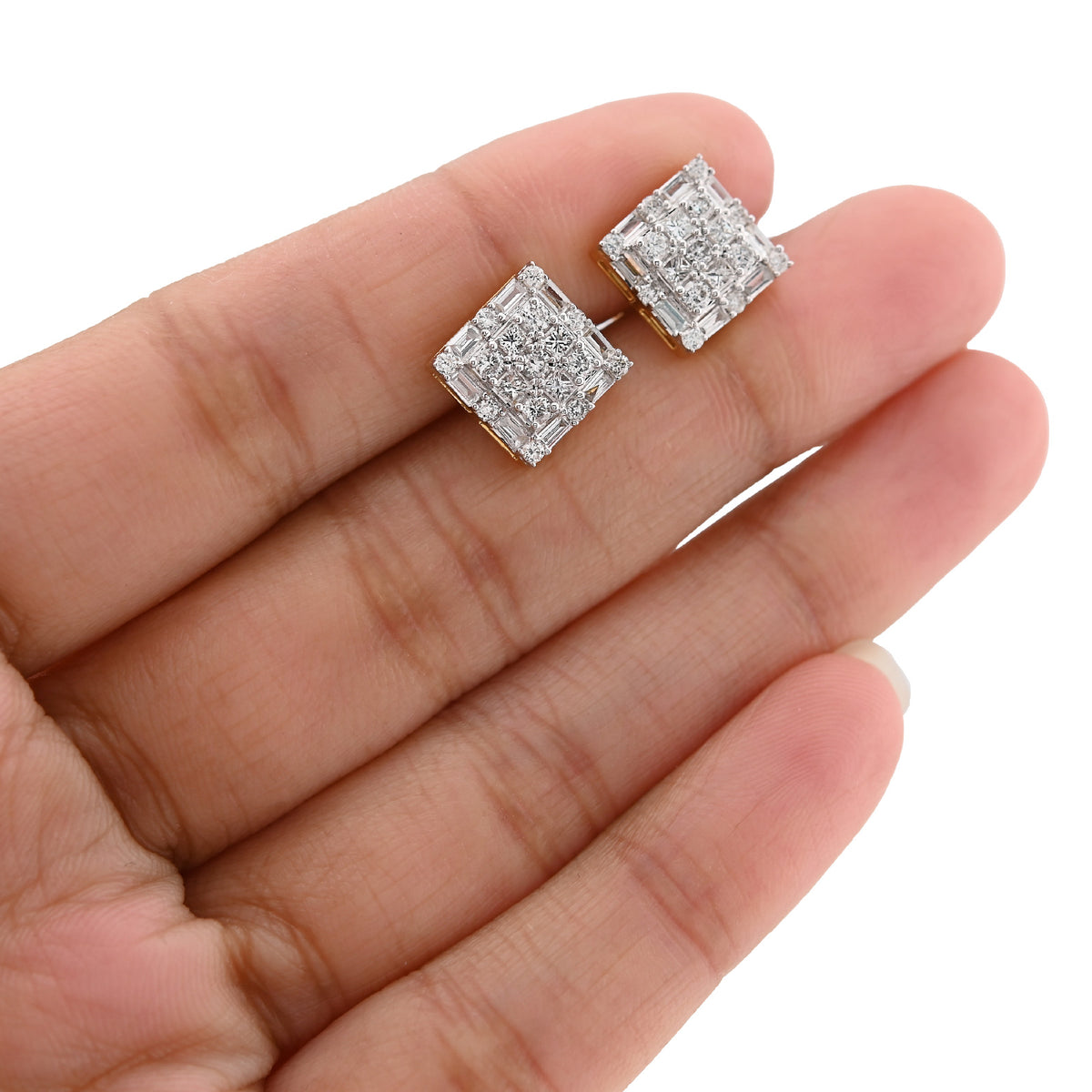 10K Yellow Gold 1.26CT Round/Baguette Natural Diamond Square Cluster Studs Men Women Earrings — view 5