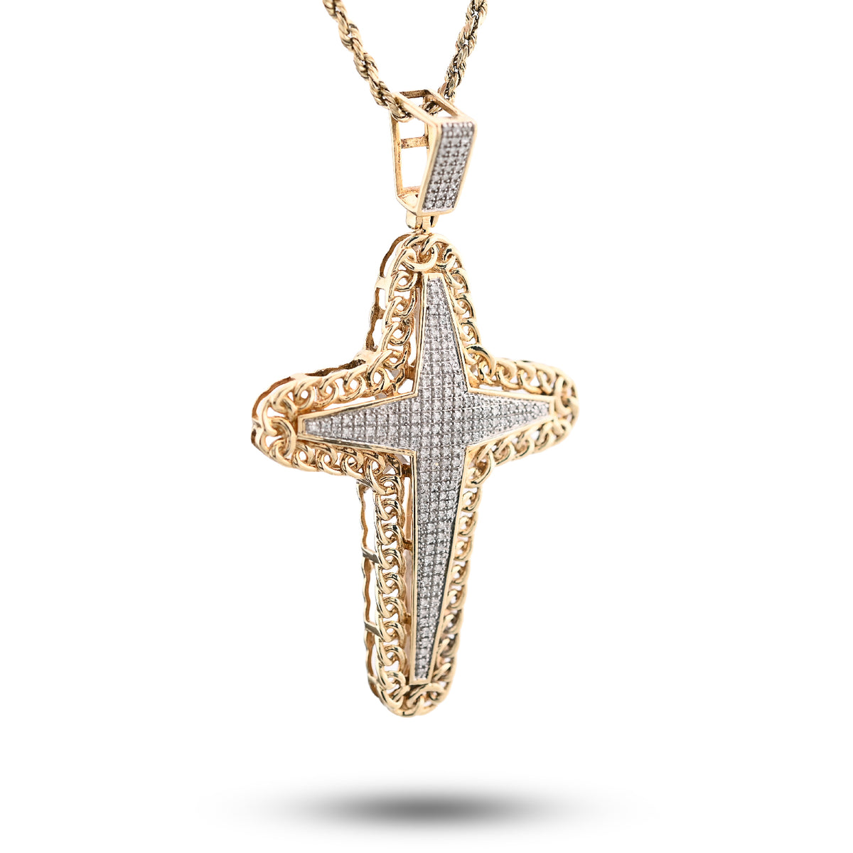 10K Yellow Gold 0.50Ct Natural Diamond Chain Link Edge Cross Religious Men Charm Women Pendant — view 2