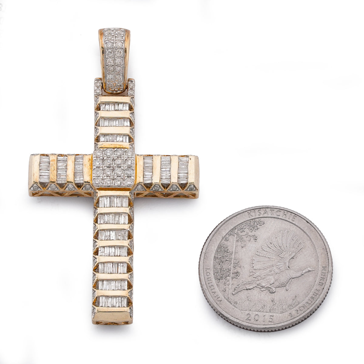 Cross Pendant 10K Yellow Gold 2ct Natural Diamond Round/Baguette Mens Womens Charm