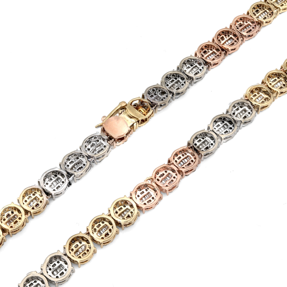 10K Yellow, White & Rose Gold 18.95 CT natural Diamond Round/Baguette 3 Tone Round Shape Tennis Chain — view 5