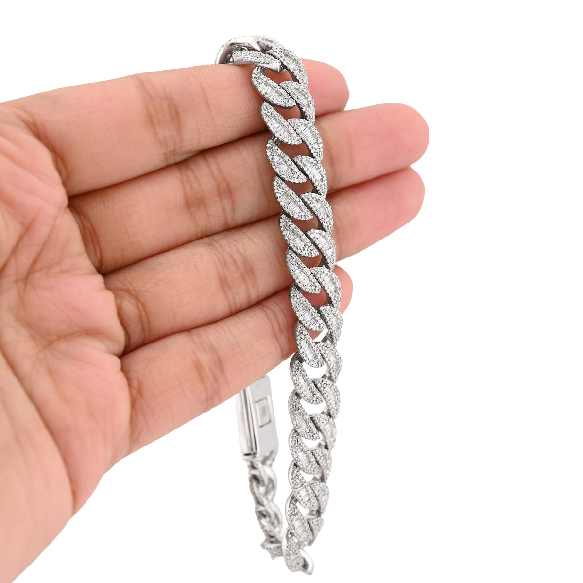 925 SS 6.4CT Natural Diamond Round/Baguette 11MM 8" Cuban Link Men Bracelet 35.6g — view 5