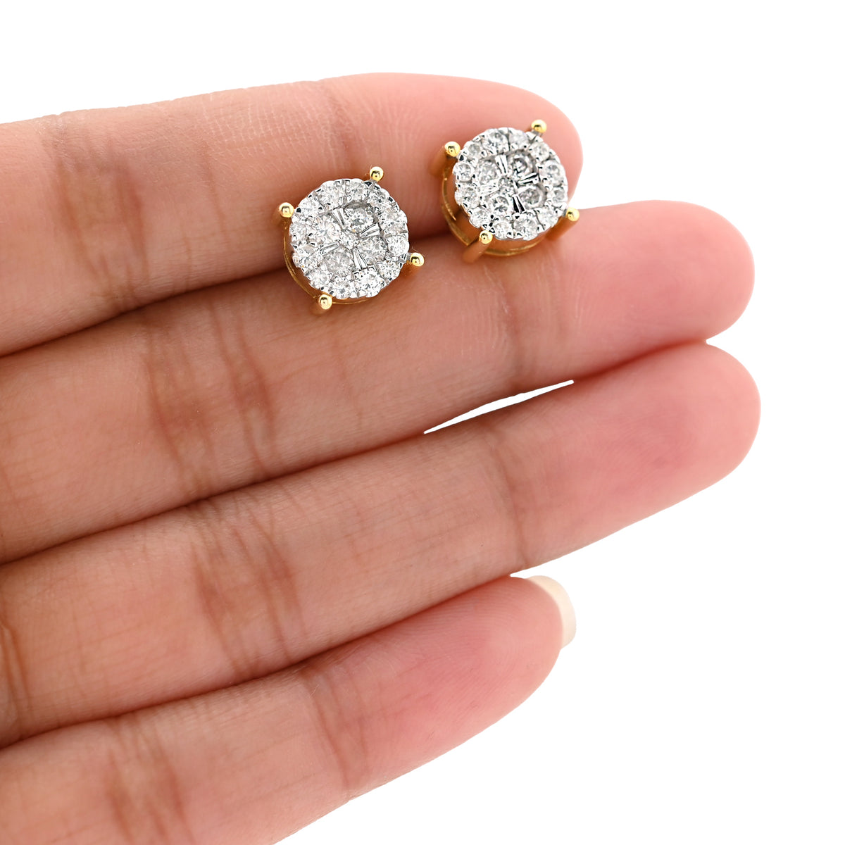 10K Yellow Gold 1.21CT Natural Diamond Halo Cluster Earrings Men Women Studs — view 5