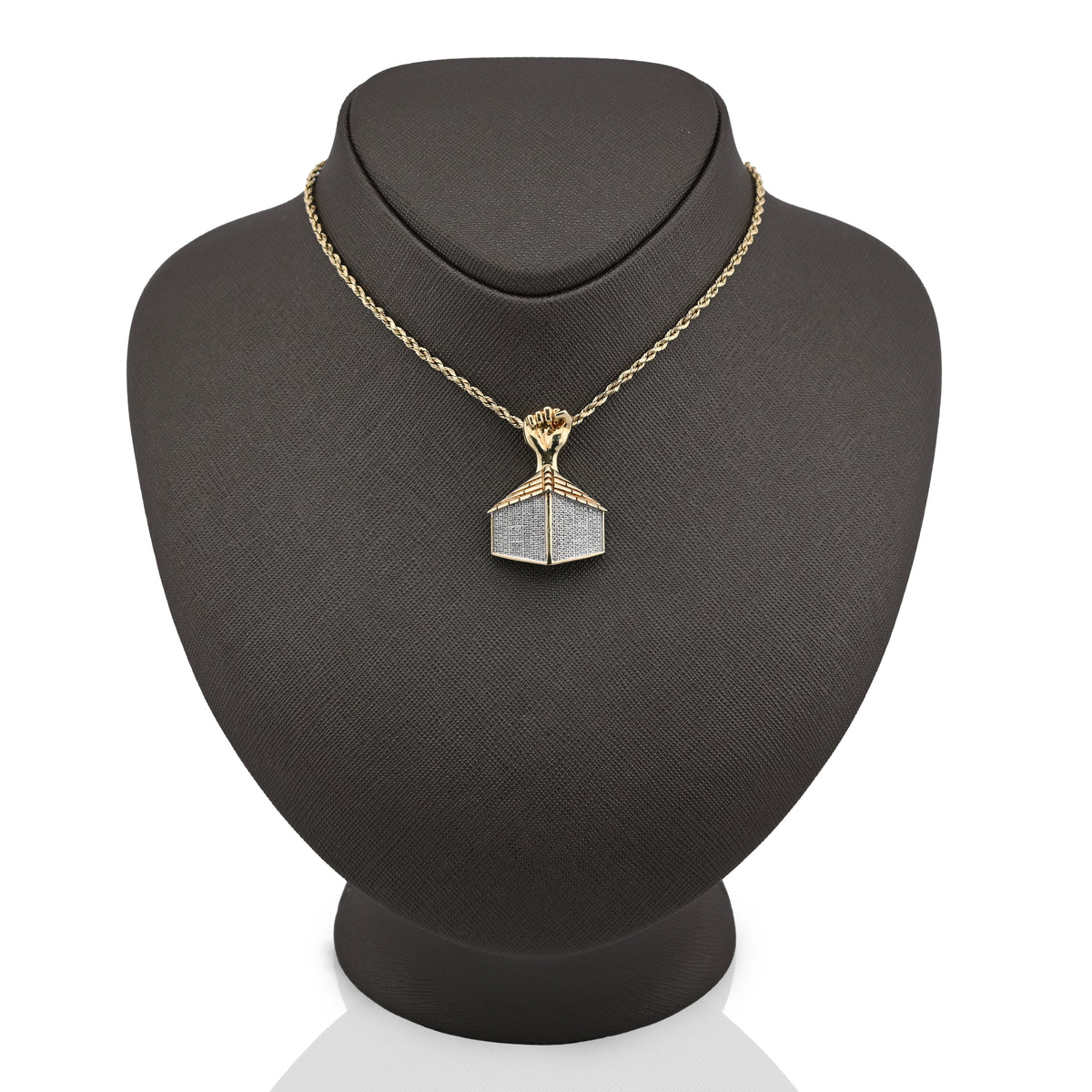 10K Yellow Gold House Shape Pendant Close Fist 1.10CT Natural Diamond Men Women Charm — view 3