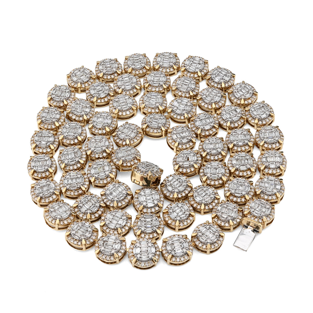 10K Yellow Gold 14 CTW Natural Diamond Baguette/Round Tennis Chain Round Shape Link 20" Necklace — view 8