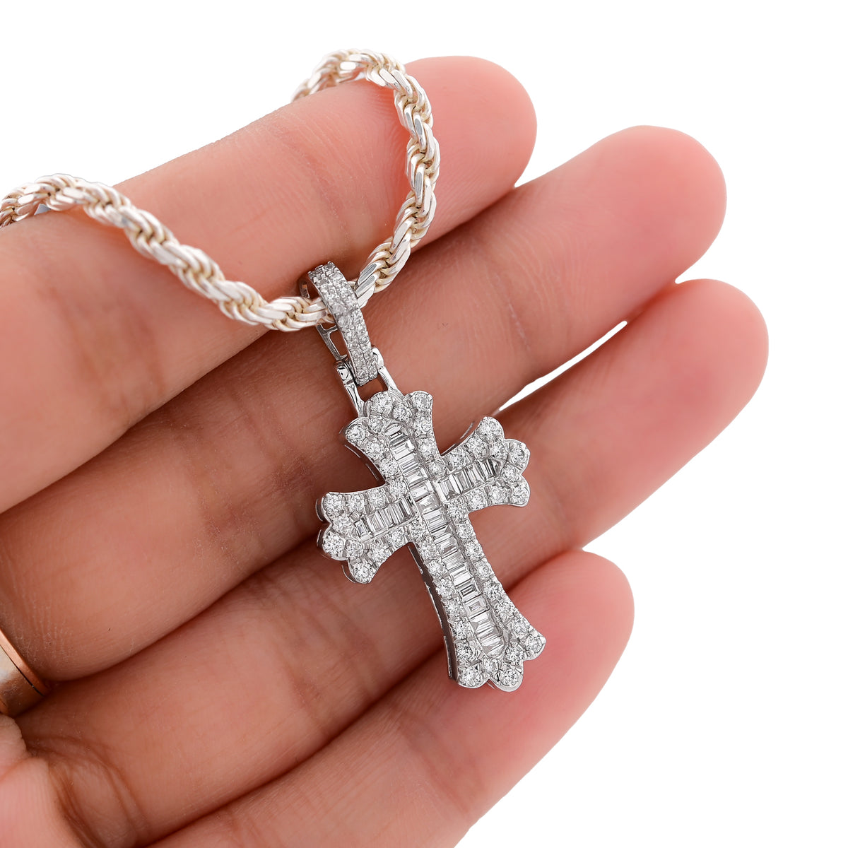 Budded Cross Pendant 1.05CT Lab Diamond Baguettes Men Women Charm — view 3