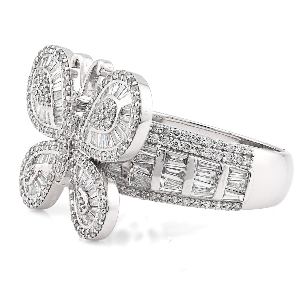 10K White Gold 1.80CT Natural Diamond Round/Baguette Butterfly Women Band 8.2g Ring — view 3