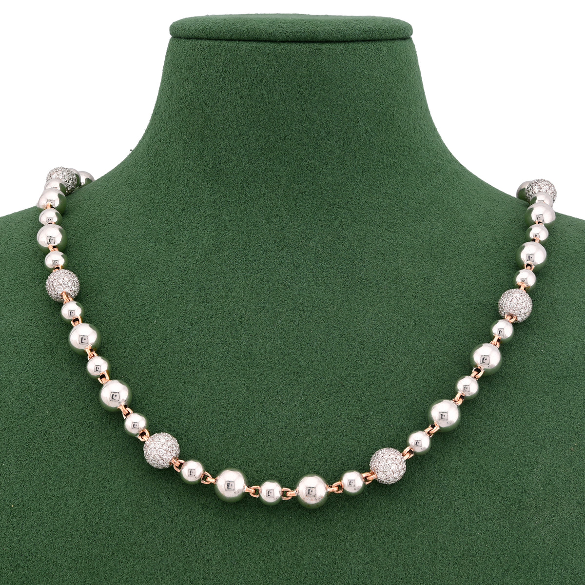 Bead Ball Chain Two Tone Rose/White 8CT Lab Diamond 925 Silver 8.5MM 20" Necklace — view 1
