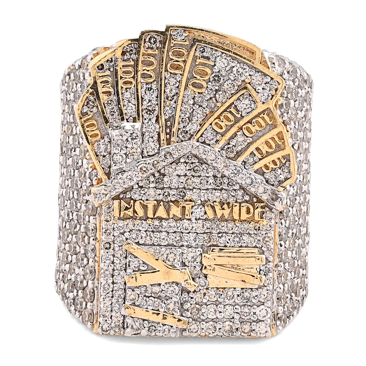 10K Yellow Gold 3.10CT Natural Diamond Trap House $100 Bill Top Men Pinky Ring 24.2g — view 3
