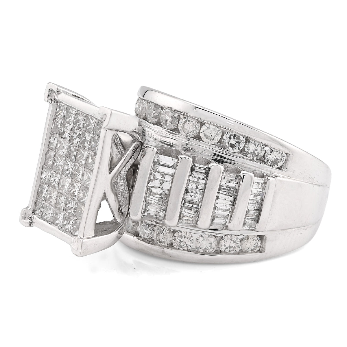 10K White Gold 3CT Natural Diamond Princess/Round/Baguette Rectangular 14.4MM Women Wedding Ring — view 2