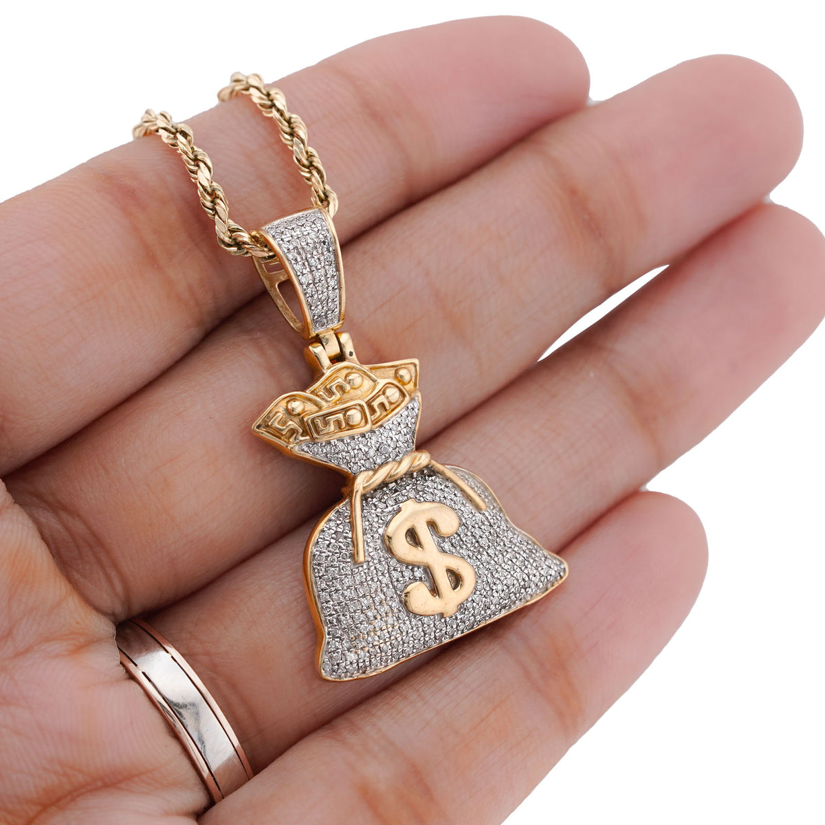 10K Yellow Gold Money Bag "$" Natural Diamond 1.5CT Men Women Charm Pendant — view 9