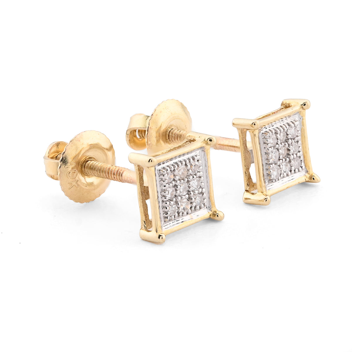 10K Yellow Gold 0.06CT natural Diamond Square Studs Men Women Earrings — view 1