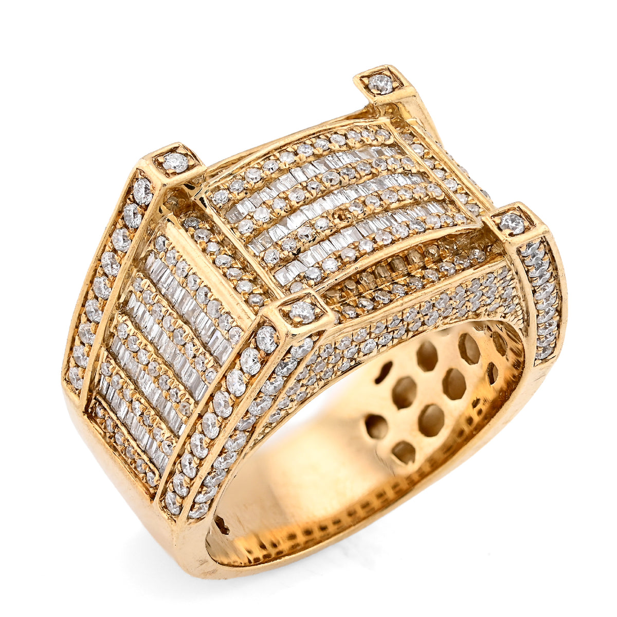 10K Yellow Gold 2.06CT Natural Diamond 3 Row Baguette Side Iced Men Pinky Ring — view 3
