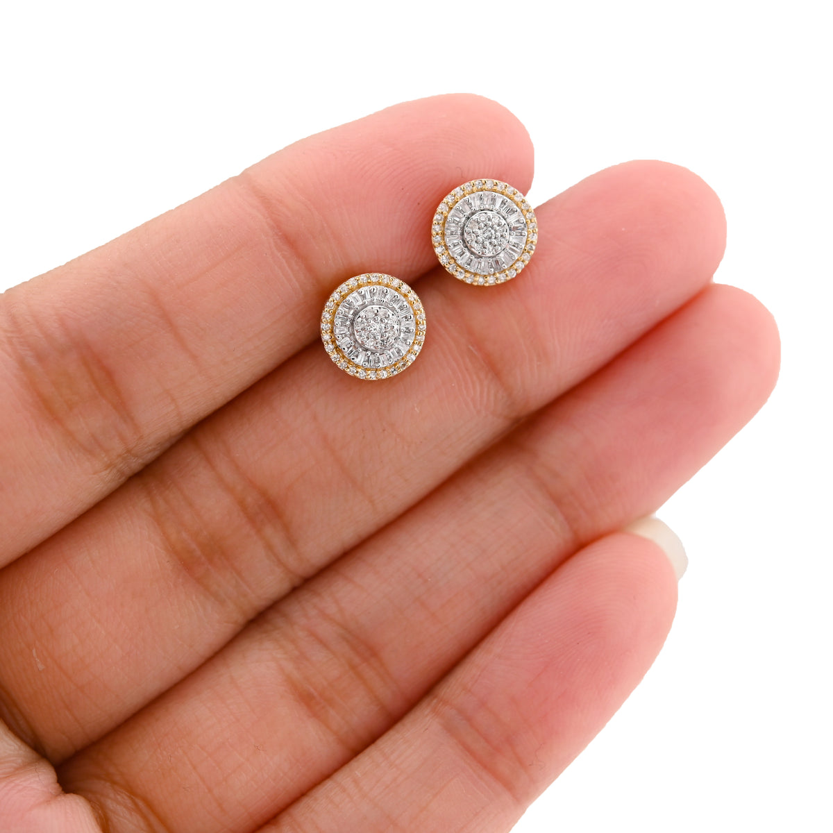 10K Yellow Gold 0.32CT Round/Baguette Natural Diamond Halo Cluster Flower Earrings Men Women Studs — view 5