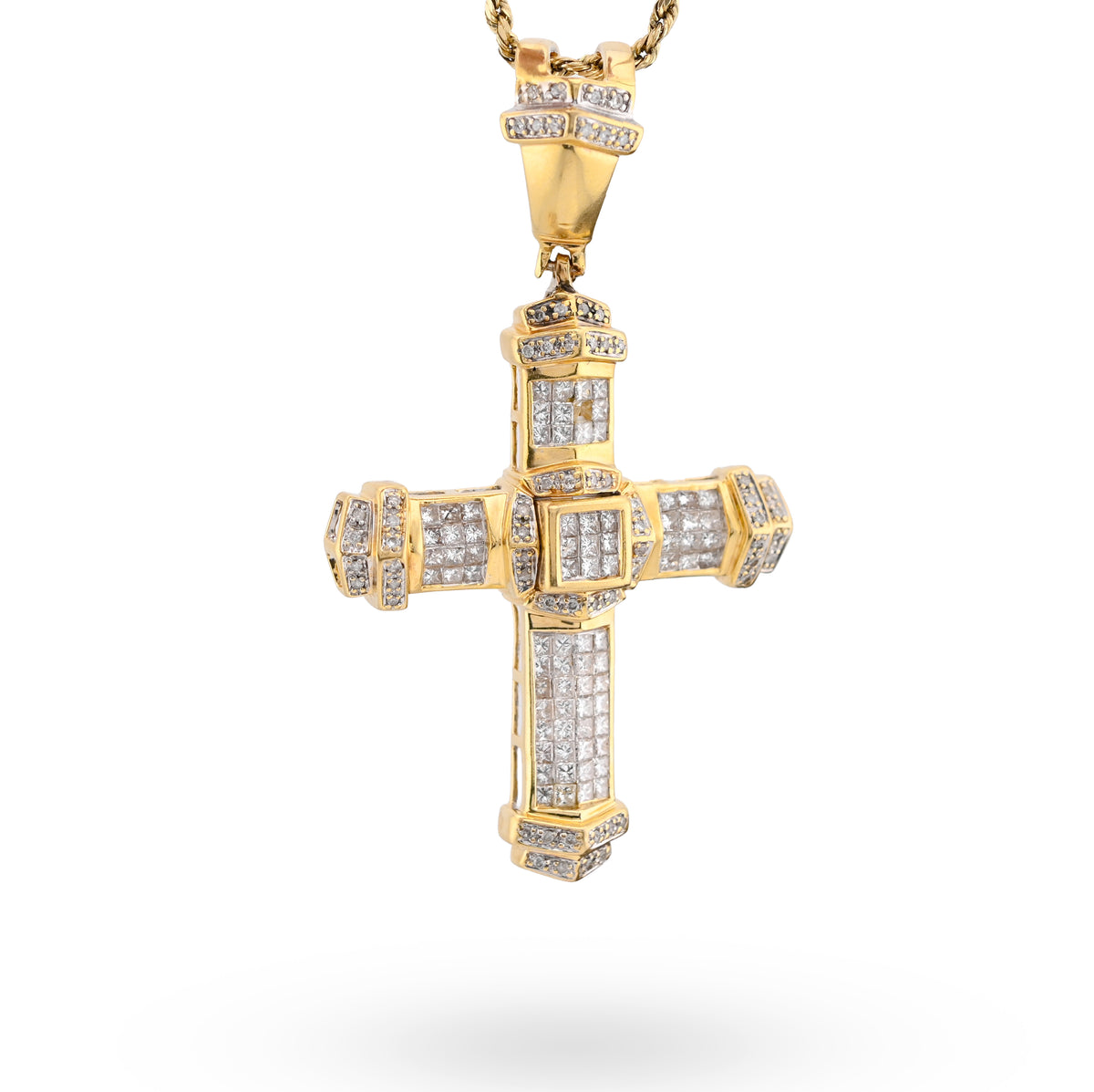 10K Yellow Gold Princess cut/Round 5CT Natural Diamond Religious Cross Pendant Men Women Charm — view 2