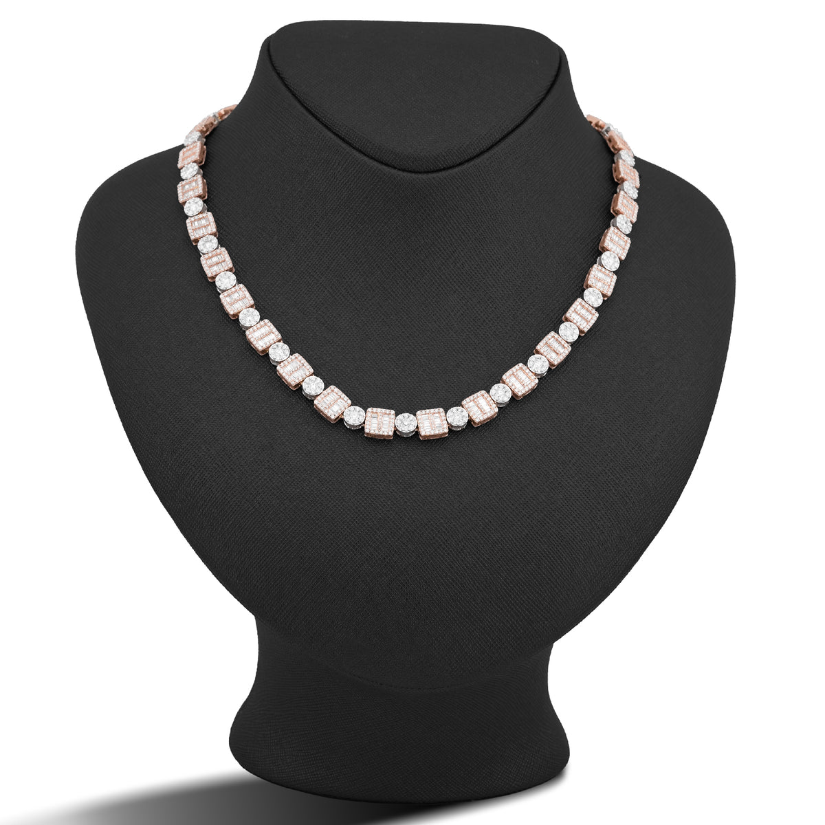 10K Rose/White Gold Square Round Link Natural Round/Baguette Diamond Men Women Tennis Chain — view 1