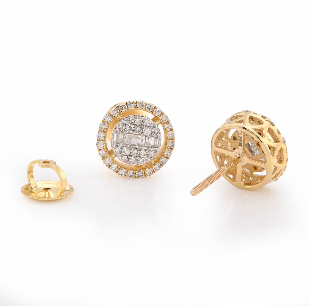 10K Yellow Gold 0.50CT Round/Baguette Natural Diamond Round Halo Shape Studs Men Women Earrings — view 4