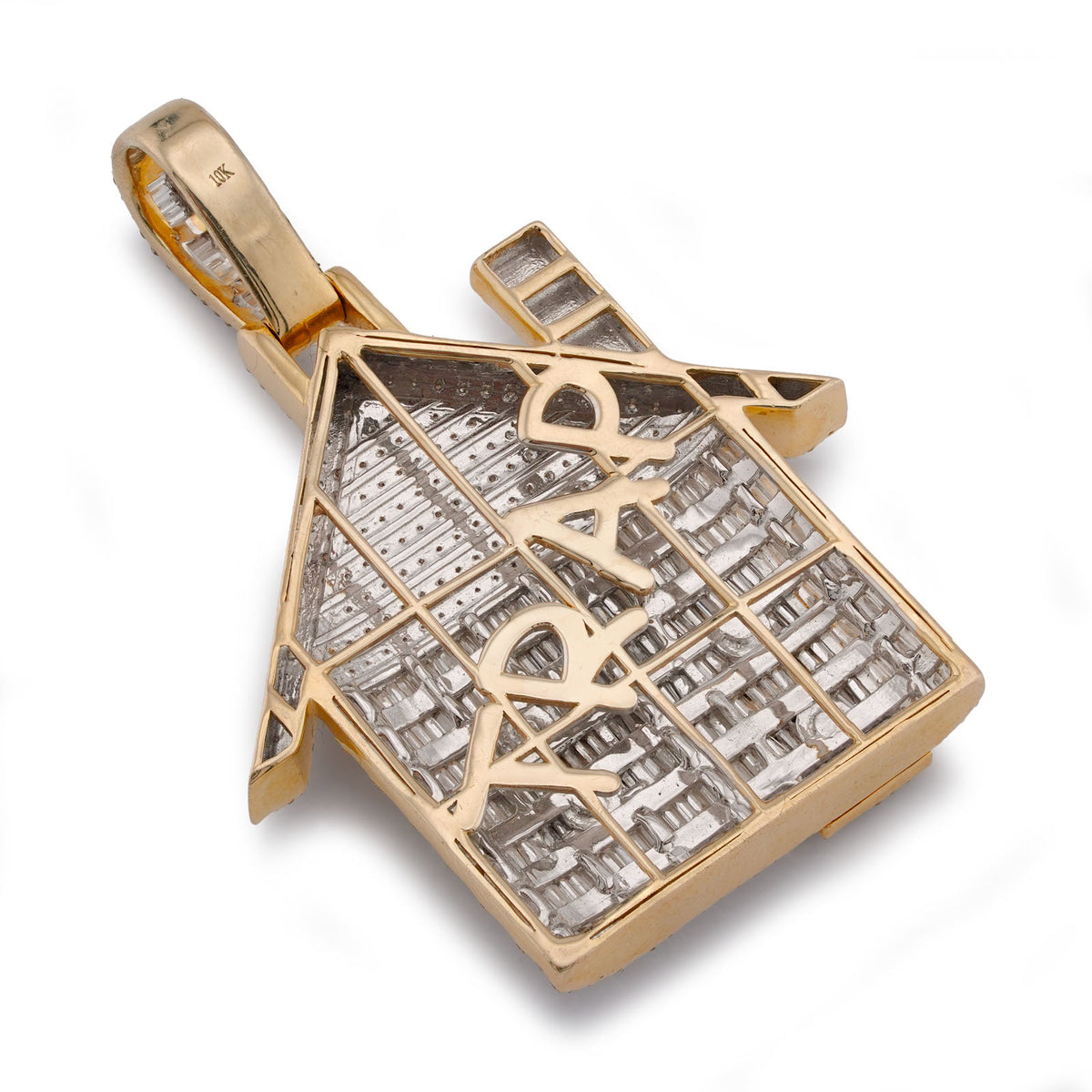 10K Yellow Gold Trap House Round/Baguette 9CT Natural Diamond Charm Pendant — view 8