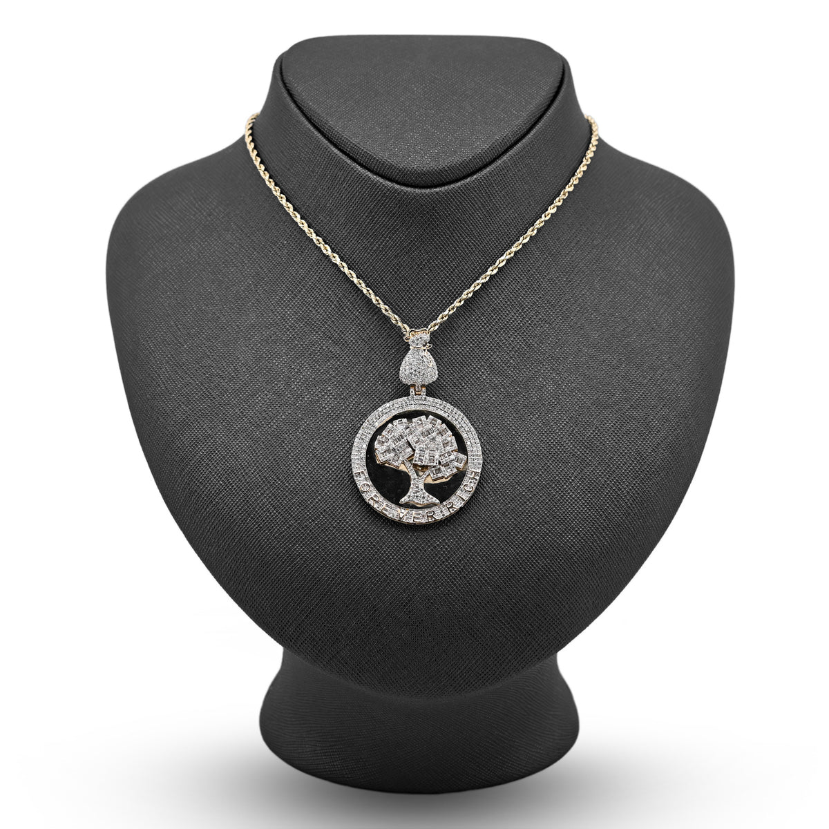 10K yellow Gold 3.50 CT Natural Diamond Round/Baguette "Forever Rich" $ Tree Pendant 15.4 g Charm — view 1