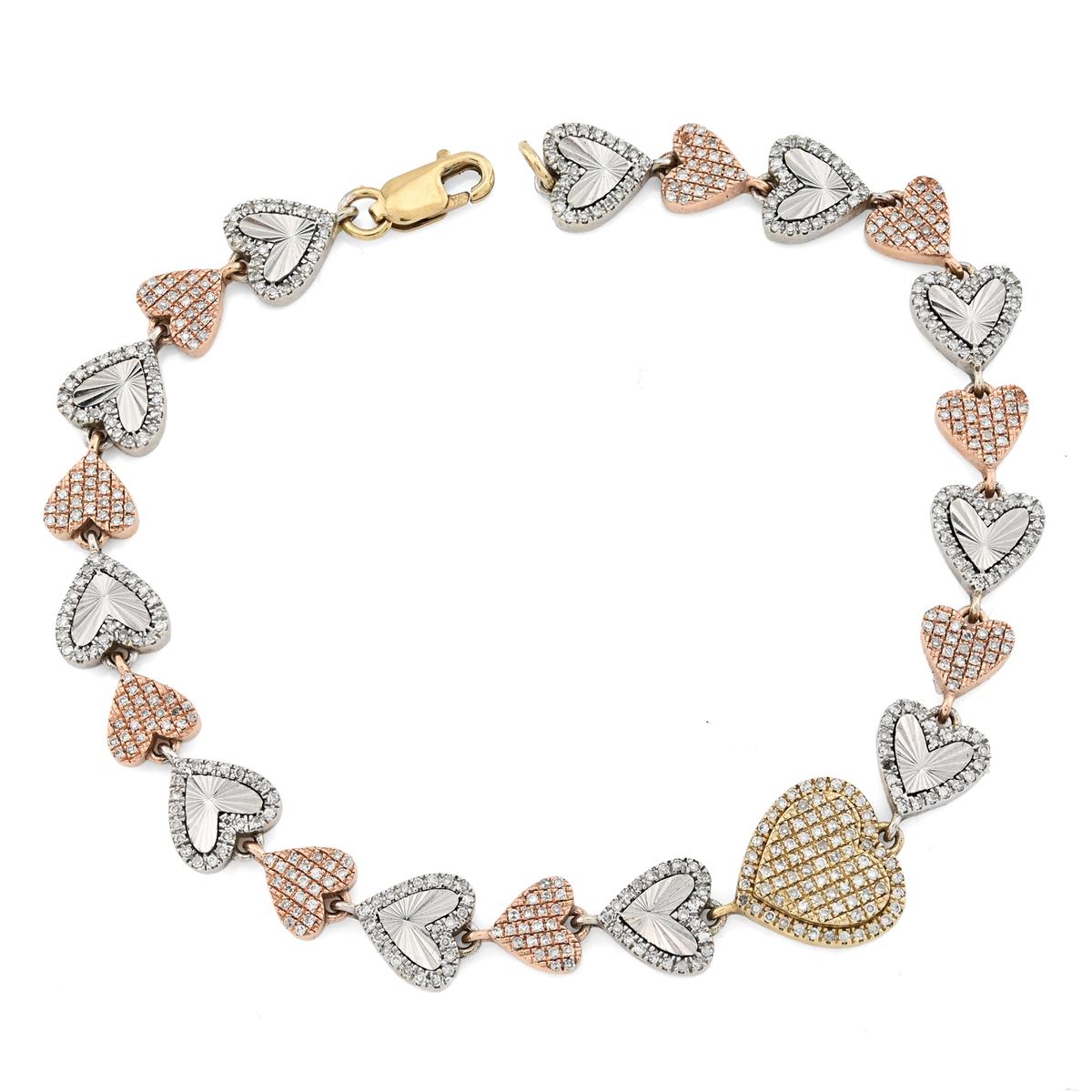 10K Yellow, White & Rose Gold 3 Tone 2CT Natural Diamond Heart Bracelet — view 4