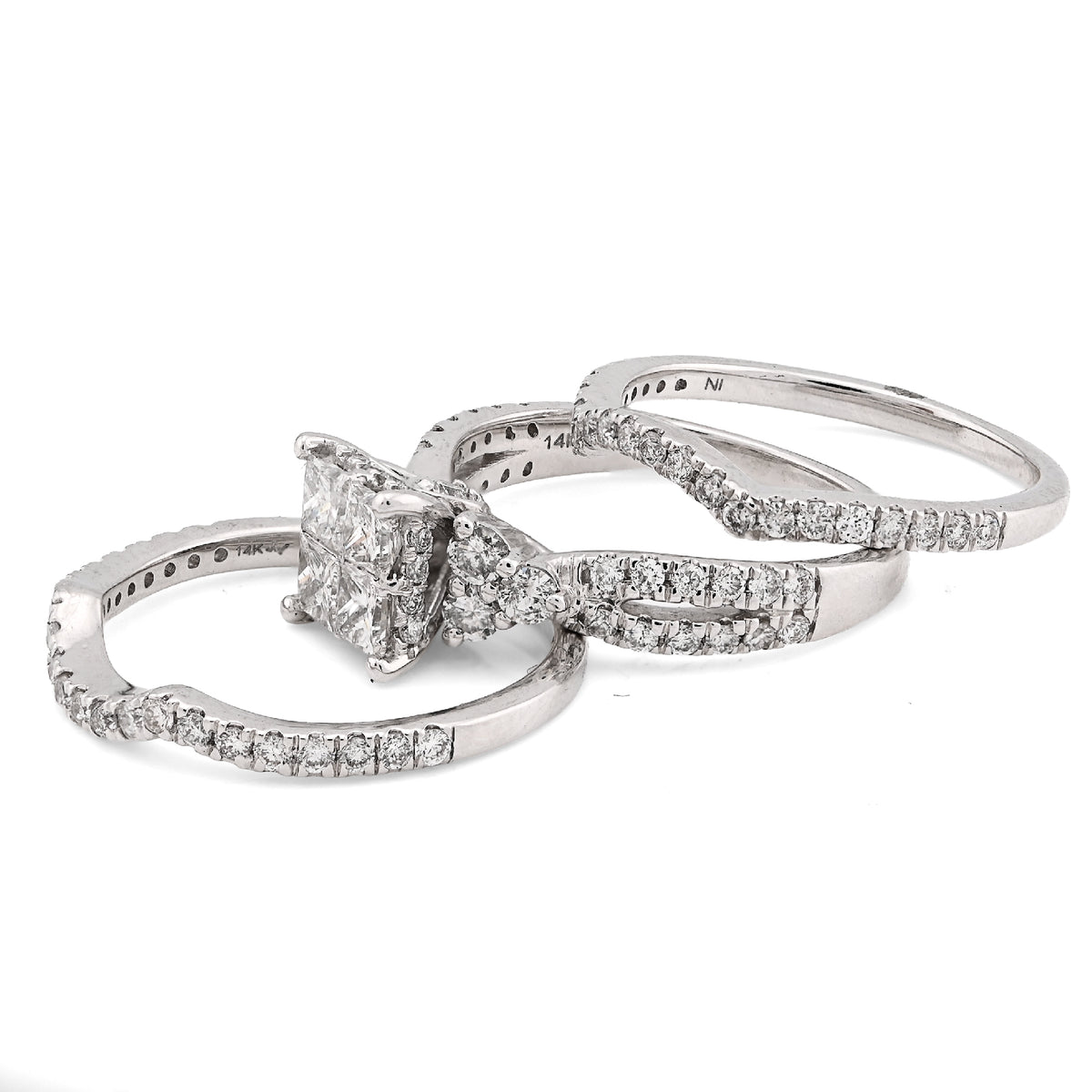 14K White Gold 1.50CT Natural Diamond Princess Cut/Round Square Shape Women 2 Band Wedding Ring — view 2