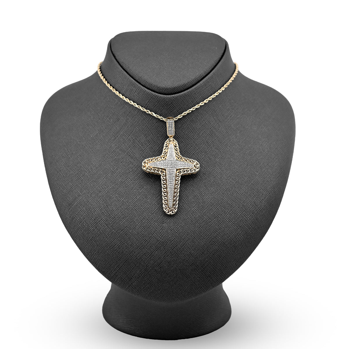 10K Yellow Gold 0.50Ct Natural Diamond Chain Link Edge Cross Religious Men Charm Women Pendant — view 3