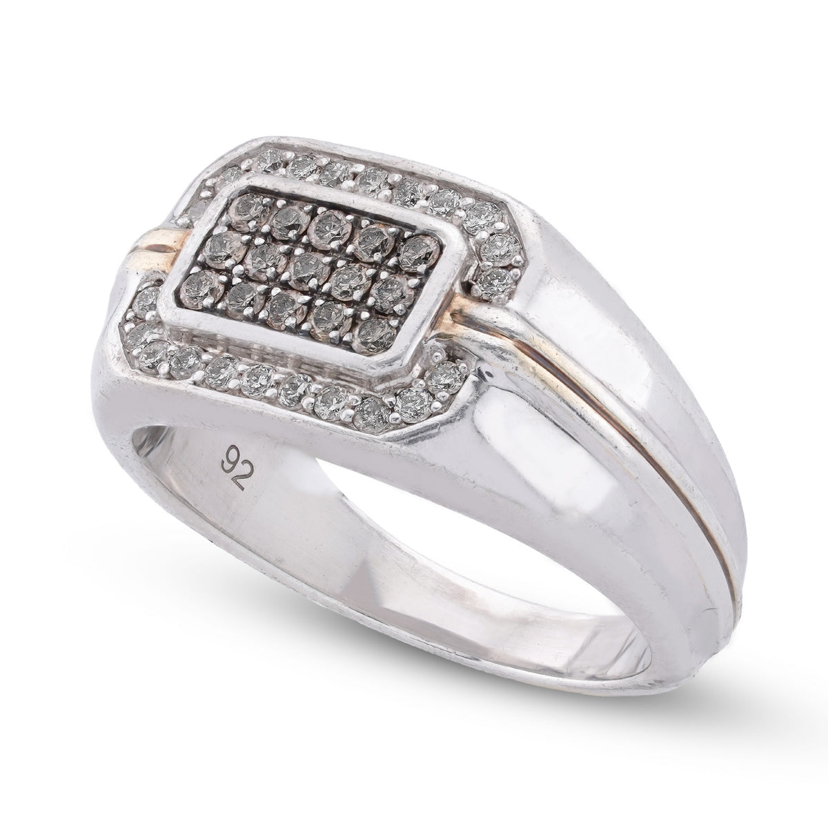 Rectangular Cluster Two Tone 0.7CT Natural Diamond 925 Silver Men Ring