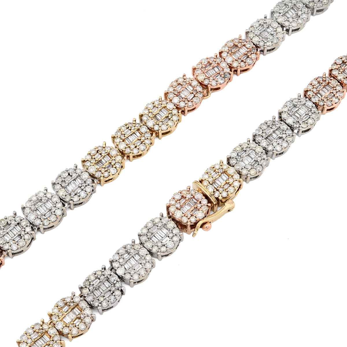 10K Yellow, White & Rose Gold 18.95 CT natural Diamond Round/Baguette 3 Tone Round Shape Tennis Chain — view 4