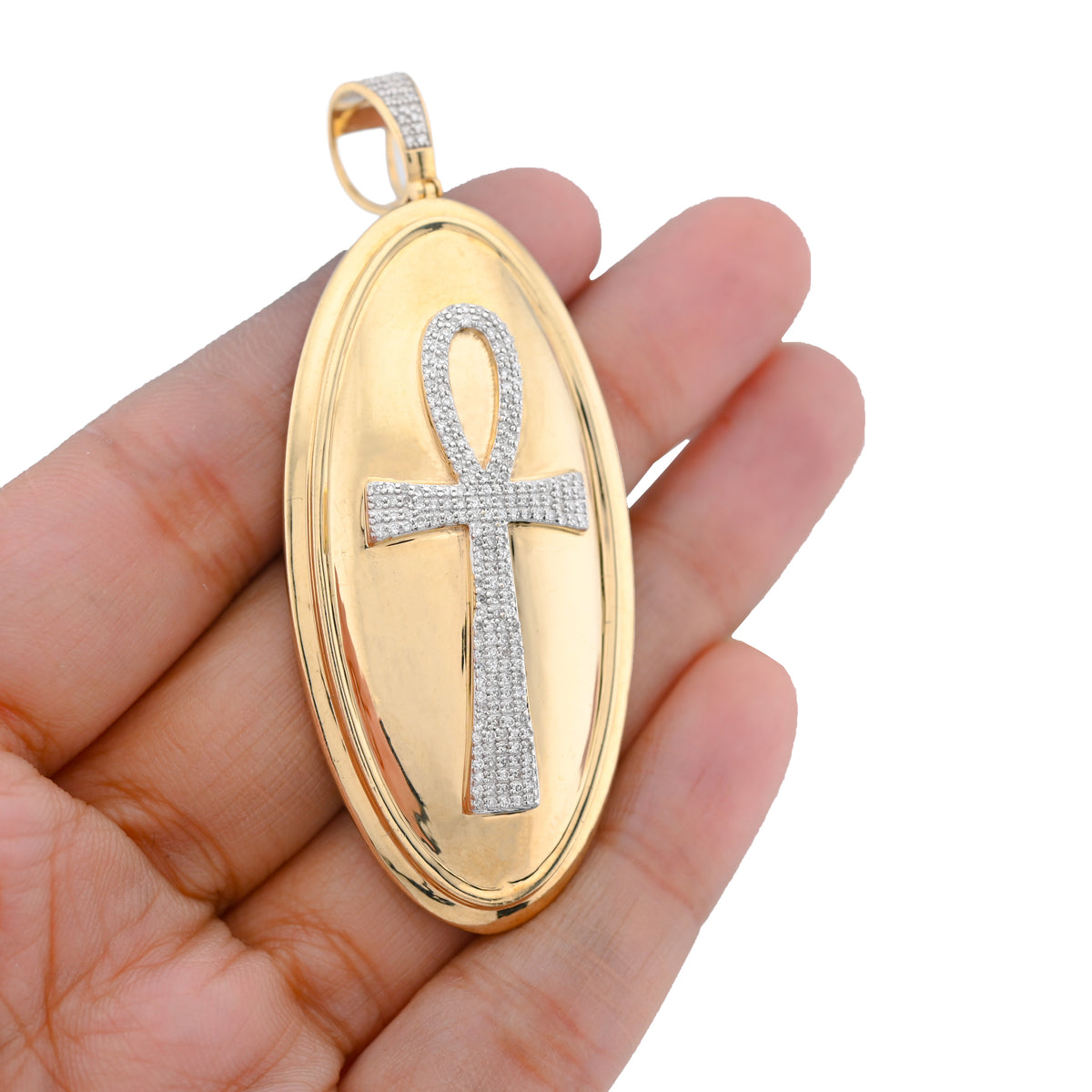 10K Yellow Gold 0.65CT Natural Diamond Oval Ankh Cross Pendant Men Women Religious Charm — view 8