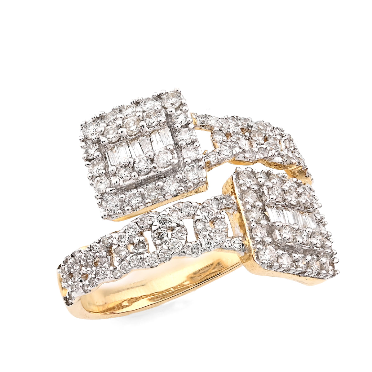 10K Yellow Gold 0.75CT Natural Diamond Split Shank Round/Baguette Twin Square Women Ring — view 3