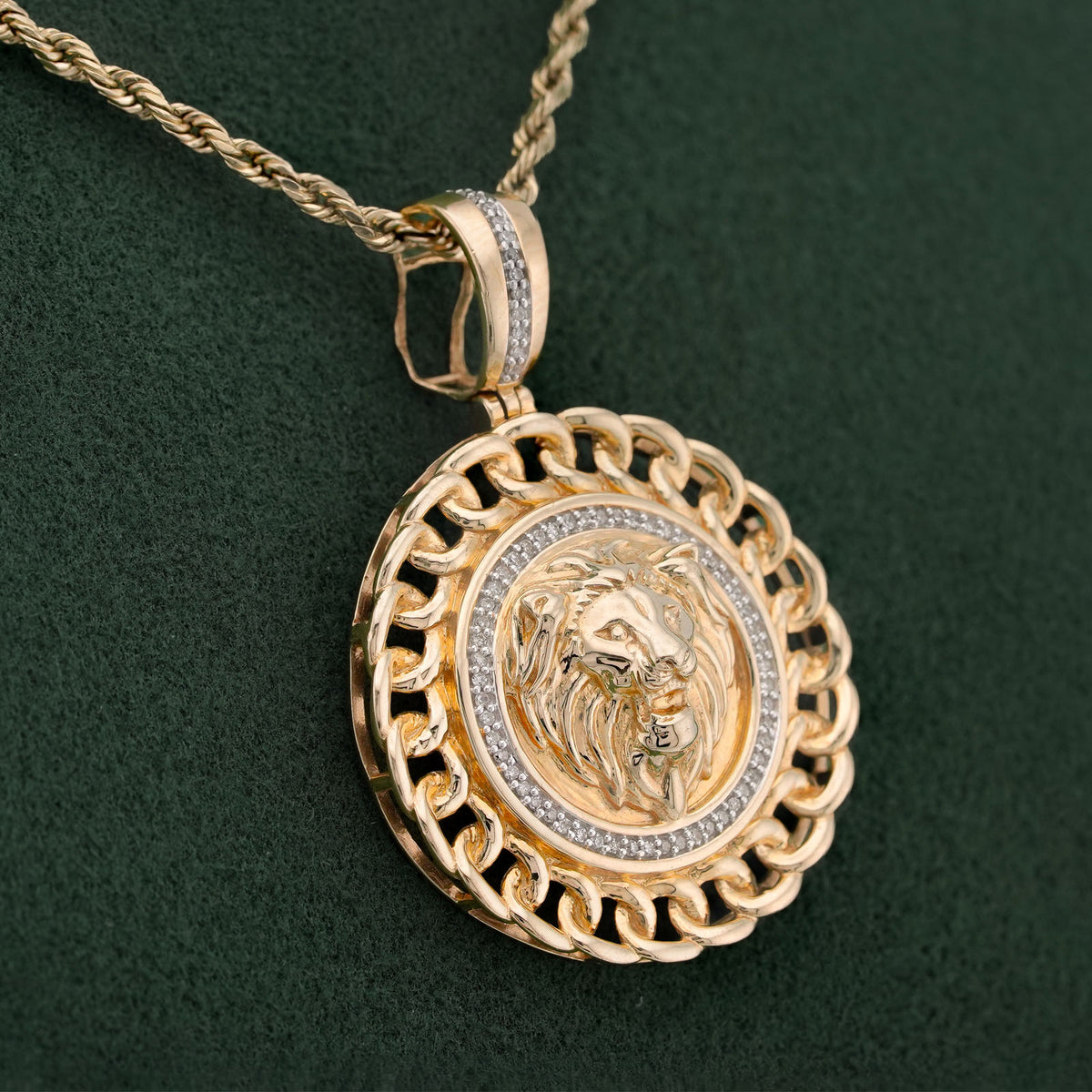 10K Yellow Gold 0.5CT Natural Diamond Lion with Cuban Link Round Charm Men Pendant — view 5