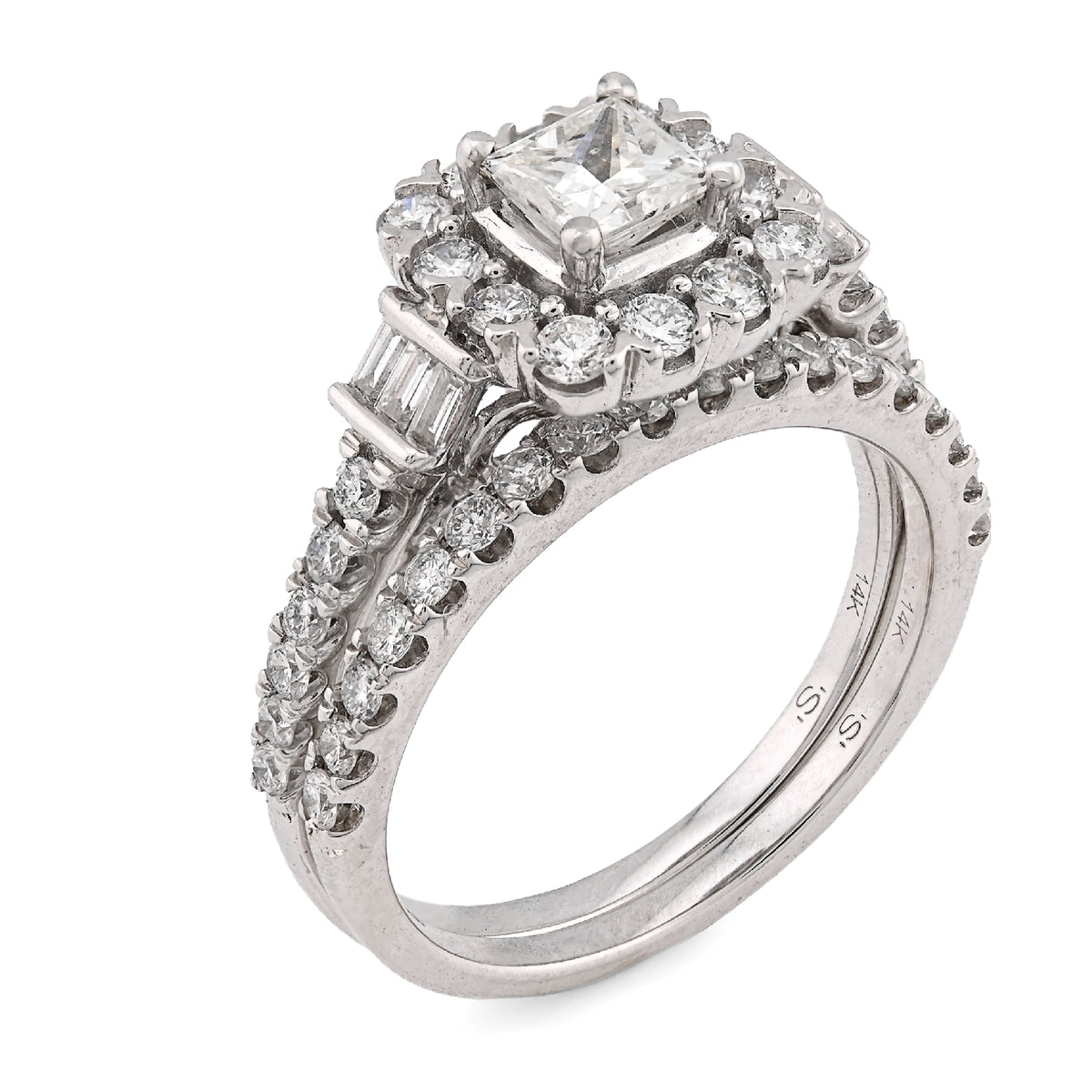 14K White Gold 1.50CT Solitaire/Baguette Natural Diamond Square Women Wedding Ring — view 7