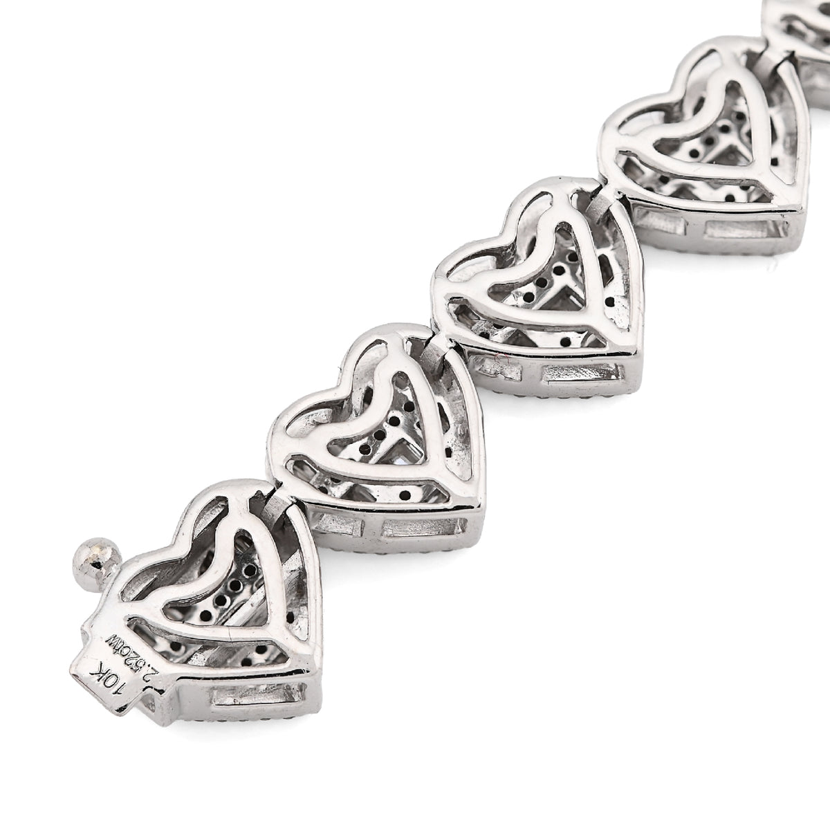 10K White Gold 2.52CT Round/Baguette Natural Diamond 7.5MM Tennis Heart Bracelet 7" 14.9g — view 5