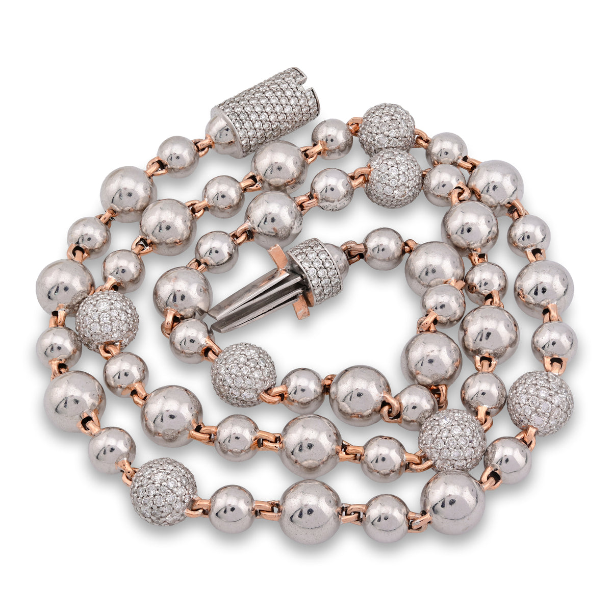 Bead Ball Chain Two Tone Rose/White 8CT Lab Diamond 925 Silver 8.5MM 20" Necklace — view 5