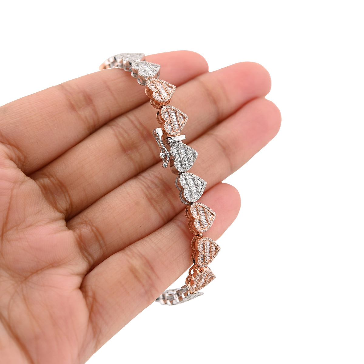 10K Rose & White Gold 2 Tone 2.72CT Round/Baguette Natural Diamond 7.5MM Tennis Heart Bracelet 7" 14.8g — view 1