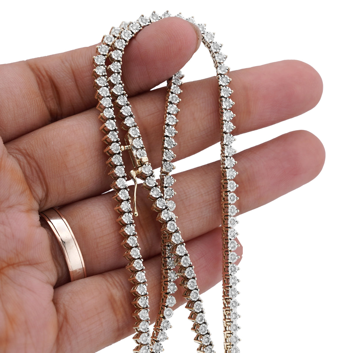 10K Yellow Gold 2CT Natural Diamond Illusion Set Tennis Chain 20" Men Women Necklace — view 10