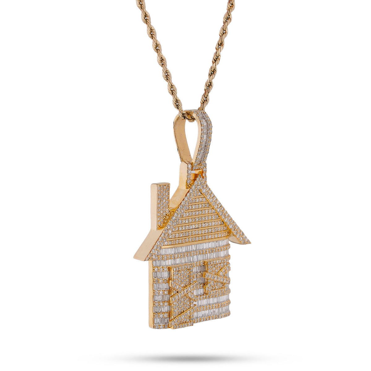 10K Yellow Gold Trap House Round/Baguette 9CT Natural Diamond Charm Pendant — view 2