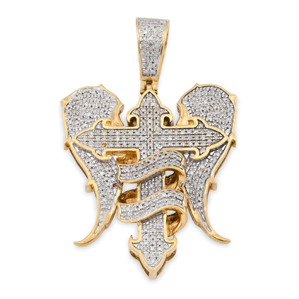 10K Yellow Gold Cross with Angel Wings 0.83CT Natural Diamond Charm Men Women Pendant — view 1