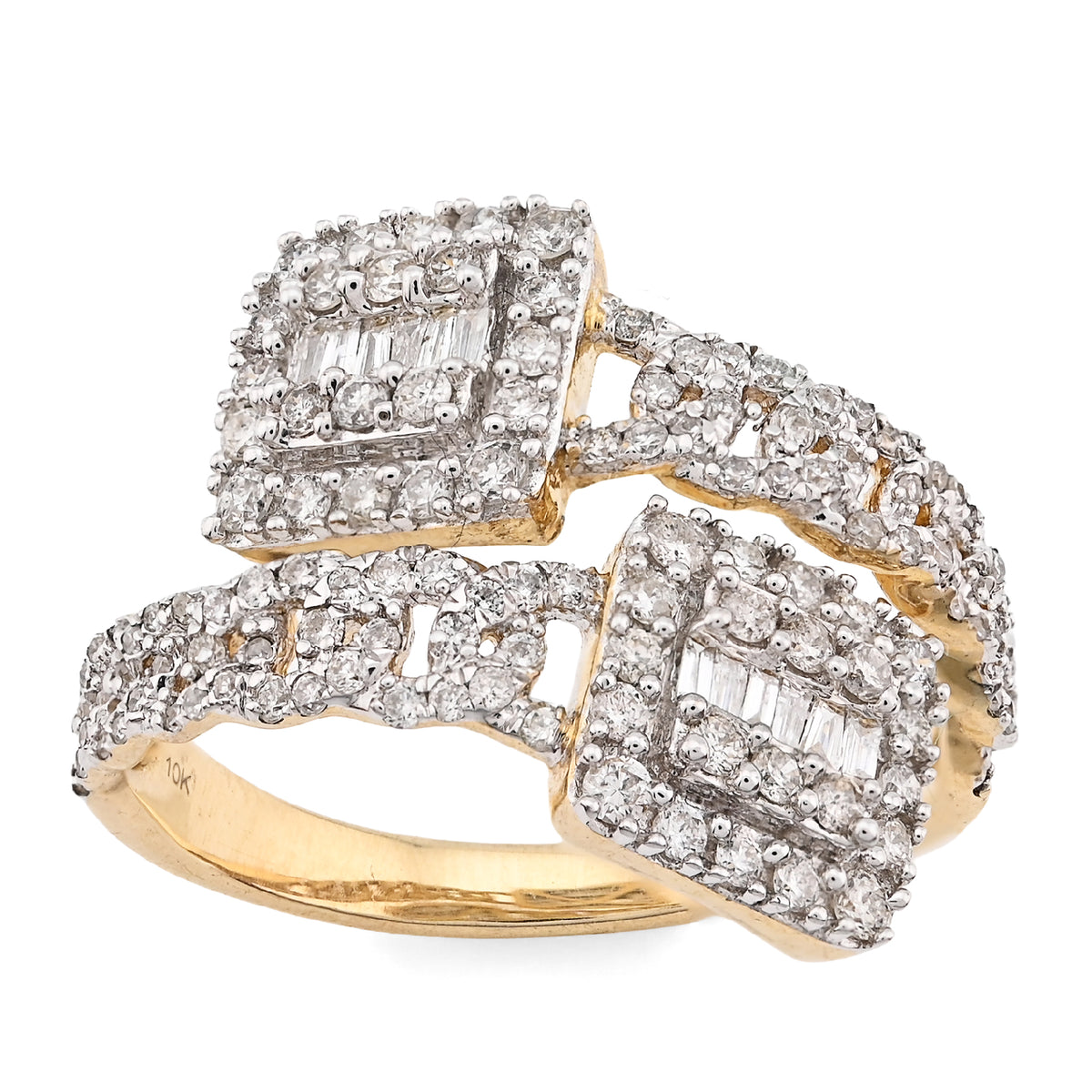 10K Yellow Gold 0.75CT Natural Diamond Split Shank Round/Baguette Twin Square Women Ring — view 2