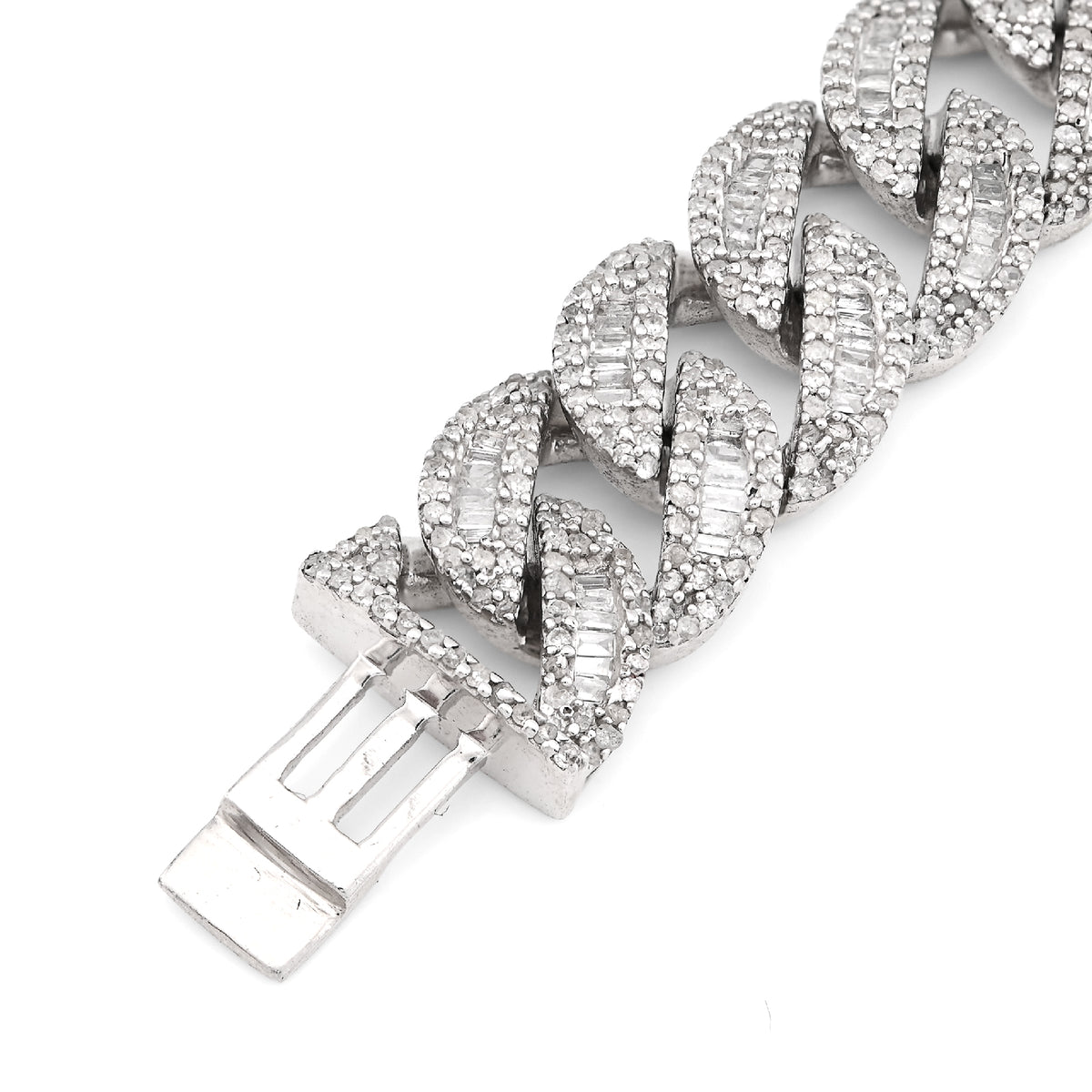 925 SS 6.4CT Natural Diamond Round/Baguette 11MM 8" Cuban Link Men Bracelet 35.6g — view 4
