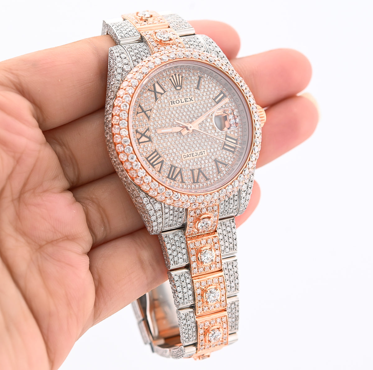 41MM Rolex DJ 20.5CT Natural Diamond 10 Pointers 2 Tone Rose & White Bussdown Roman Numeral Oyster Band Watch — view 5