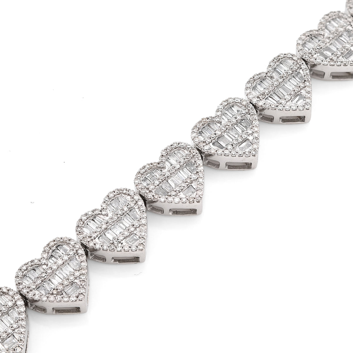 10K White Gold 2.52CT Round/Baguette Natural Diamond 7.5MM Tennis Heart Bracelet 7" 14.9g — view 3