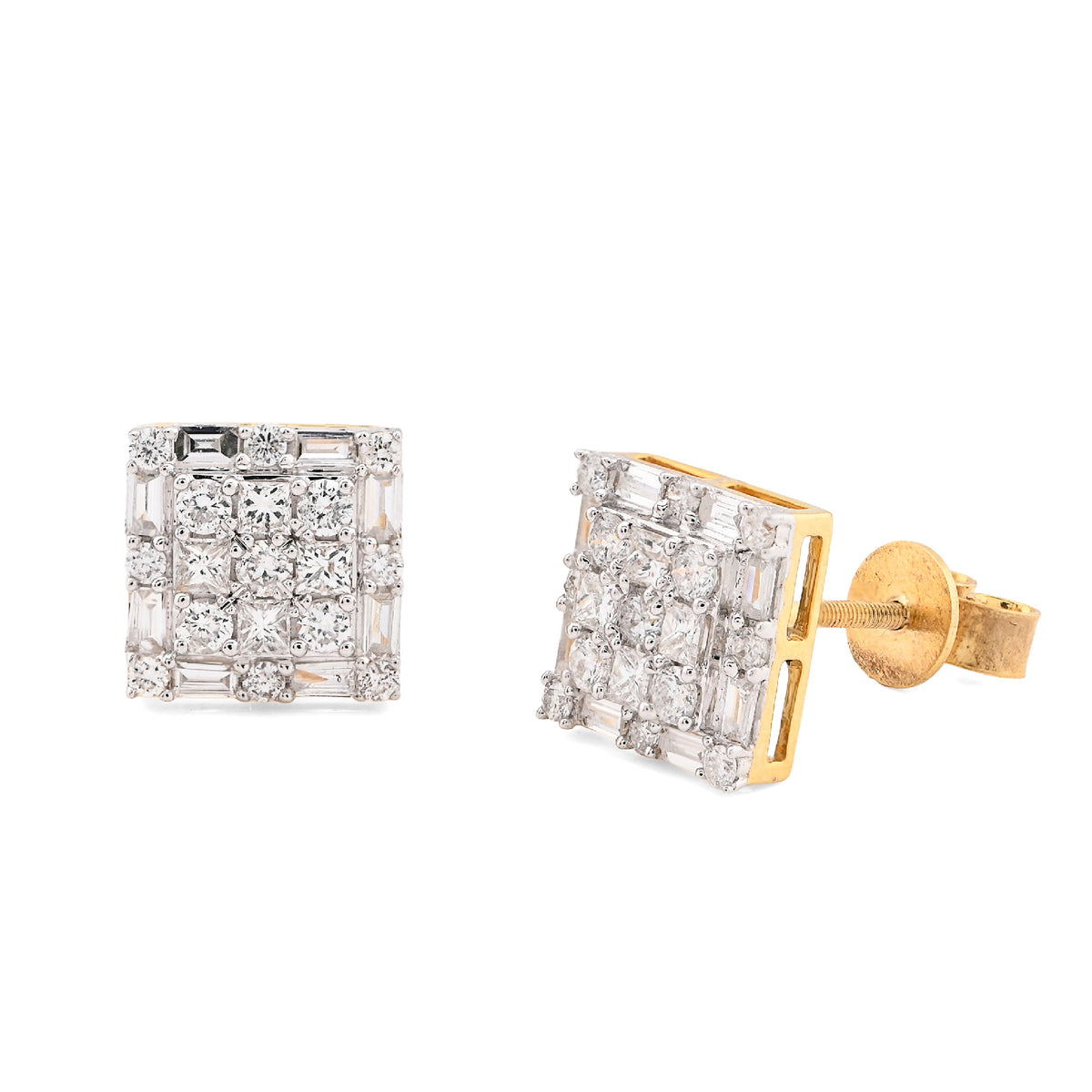 10K Yellow Gold 1.26CT Round/Baguette Natural Diamond Square Cluster Studs Men Women Earrings — view 2