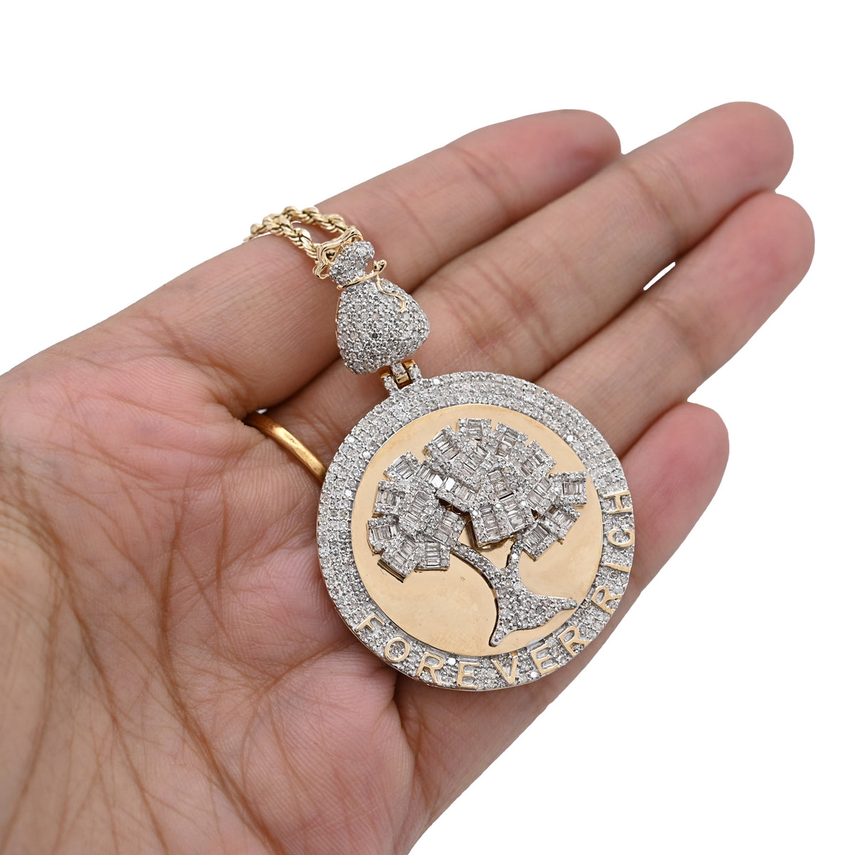 10K yellow Gold 3.50 CT Natural Diamond Round/Baguette "Forever Rich" $ Tree Pendant 15.4 g Charm — view 3