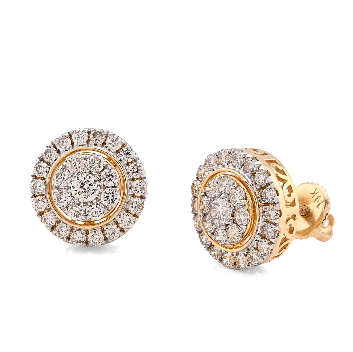 14K Yellow Gold 1.25CT Natural Diamond Round Cluster Halo Shape Men Women Earrings — view 2