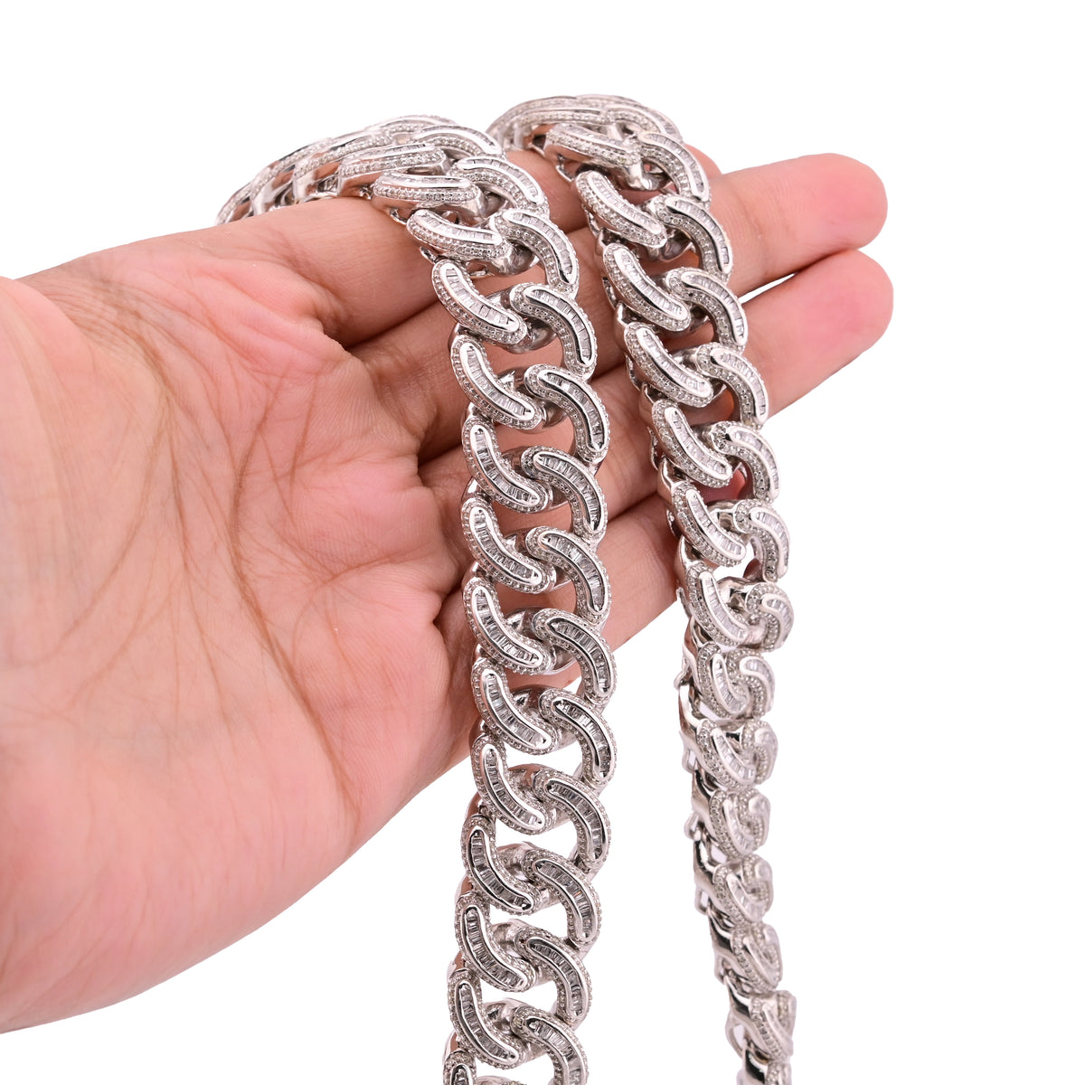 10K White Gold Natural Diamond 26.5 CT Round/Baguette Natural Diamond 17MM Cuban Link Chain 23" Men Necklace — view 9